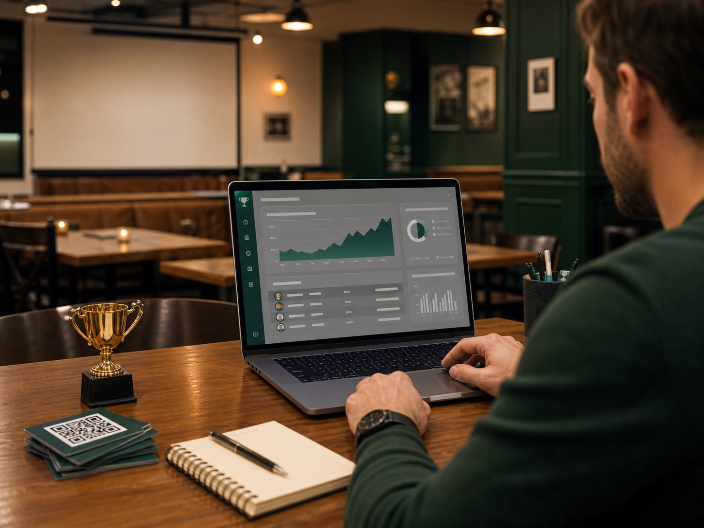A quiz organizer reviewing dashboard analytics on a laptop