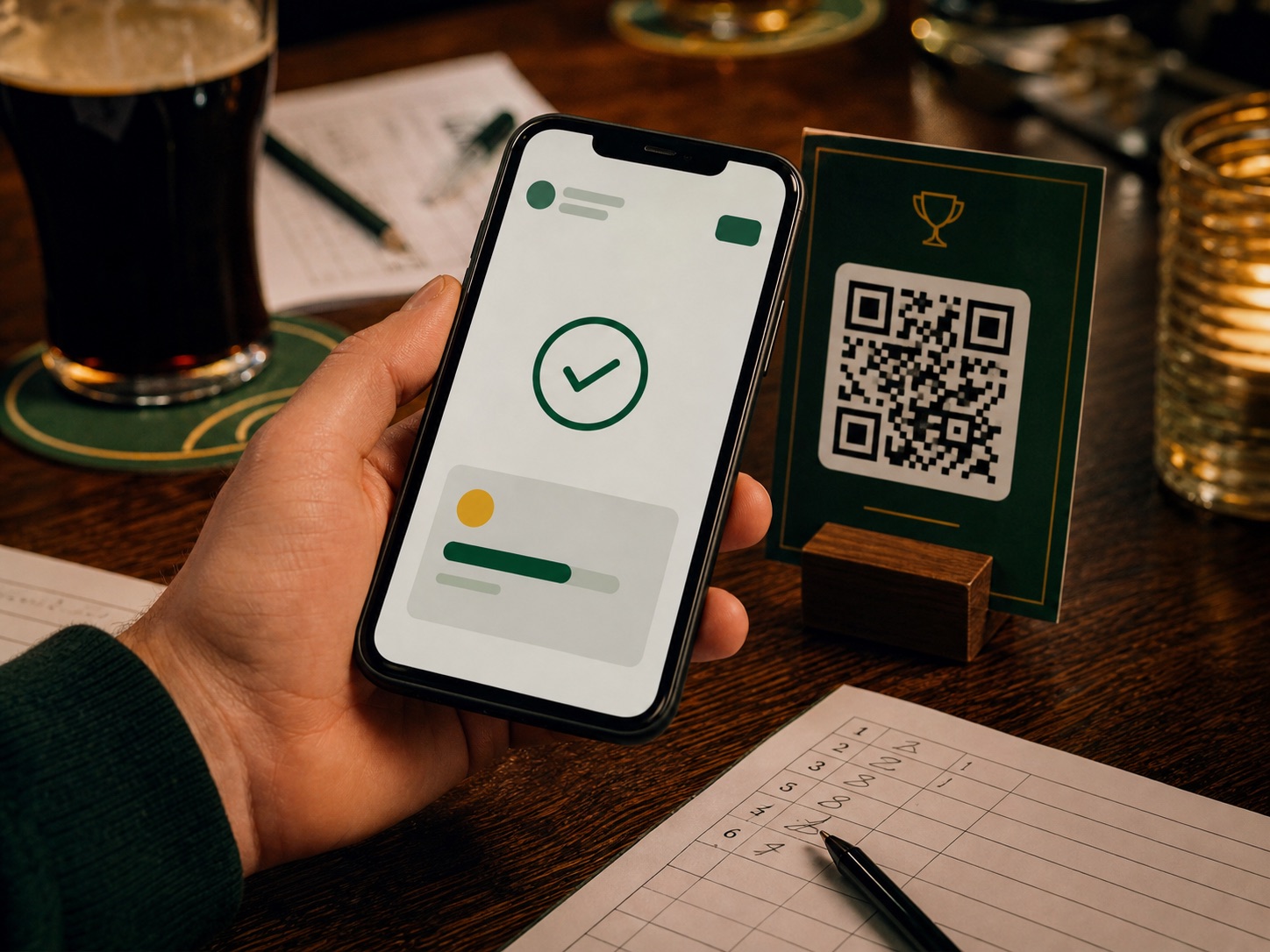 A phone scanning a QR reward card on a quiz table